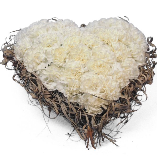 Herzform mit weißen Nelken und Rand aus getrockneter Tillandsia Bild 3