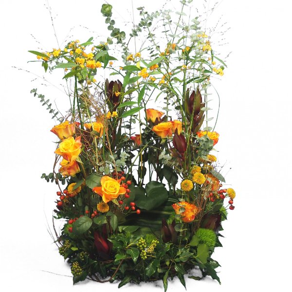 Urnenschmuck Blumenwiese mit gelb-orange-roter Blumenkombination Bild 1