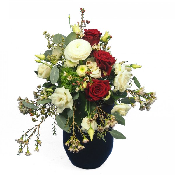 Urnenschmuck mit roten Rosen und passenden weißen Blumen Bild 1