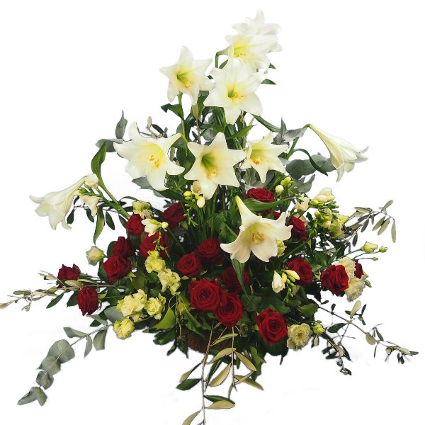 Trauergesteck mit weißen Lilien und roten Rosen Bild 1