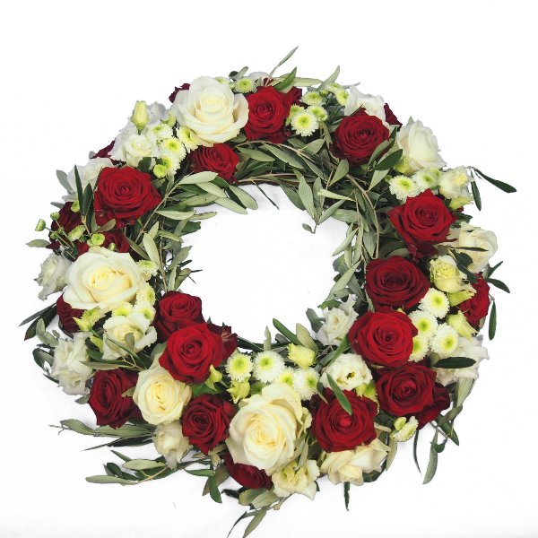 Urnenschmuck rundgesteckter Kranz mit weißen und roten Rosen Bild 2