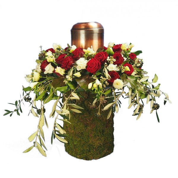 Urnenschmuck, rote Rosen, abfließend mit Olivengrün gesteckt Bild 2