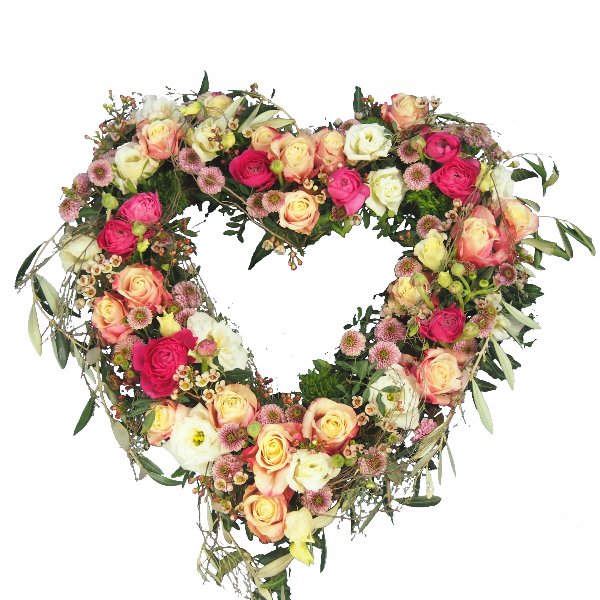 Herzform mit Blumen offen, in creme-rosafarbener Blumenkombination Bild 2