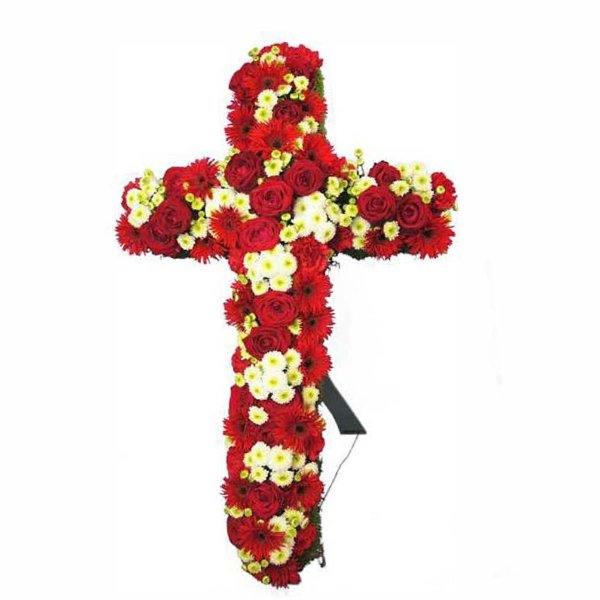 Trauer Kreuzform mit roten und weißen Blumen gesteckt Bild 1