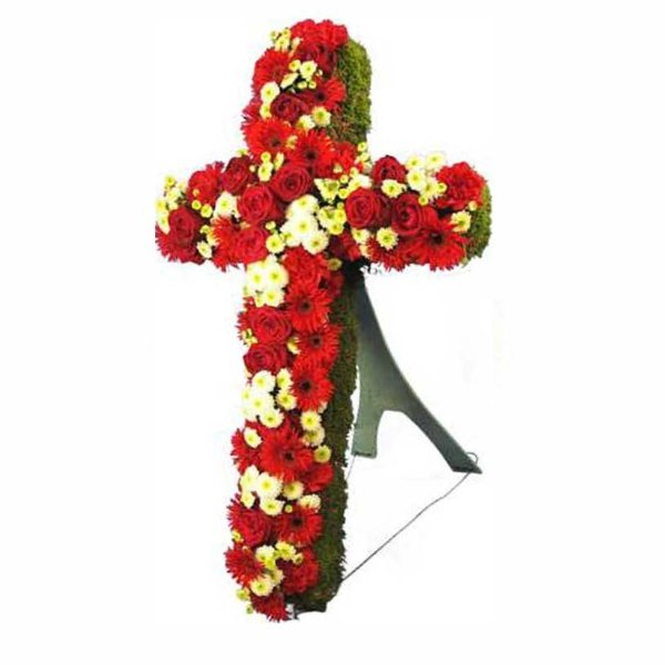 Trauer Kreuzform mit roten und weißen Blumen gesteckt Bild 2